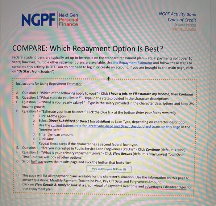 Ngpf activity bank checking answers